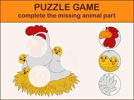 Cute hen cartoon with chicks in the nest. Complete the puzzle and find the missing parts of the picture vector