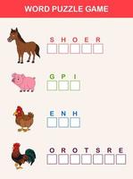 Complete the words children educational game. Learning farm animals theme and vocabulary vector