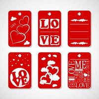 Collection of Happy Valentines day gift tags. Set of hand drawn holiday label in white and red. Romantic badge design vector