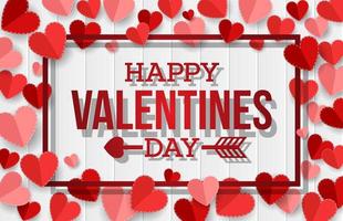 Happy Valentine's Day background. Red paper hearts on white paper wooden vector