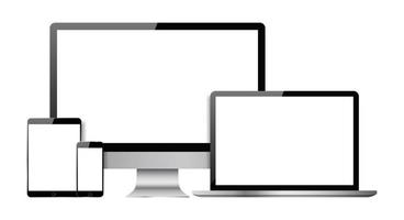 conjunto de pantallas en blanco con monitor de computadora, computadora portátil, tableta y teléfono inteligente vector
