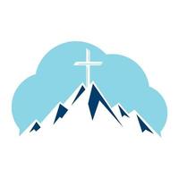 cruz bautista en diseño de logo de montaña. cruz en la cima de la montaña y el logo en forma de nube. logotipo de la iglesia y la organización cristiana. vector