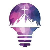 Baptist cross in mountain logo design. Cross on top of the mountain and light bulb shape logo. Church and Christian organization logo. vector