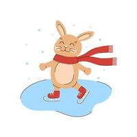 Rabbit skating in a scarf. Winter character in skates on ice. Cute beige bunny. Seasonal vector illustration in flat style