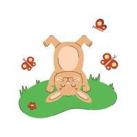 Rabbit standing upside down on the grass. Spring, summer character with butterflies. Cute beige bunny stands on its front paws. Seasonal vector illustration in flat style