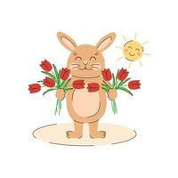 Rabbit with a bouquet of tulips. Spring character with flowers and sun. Cute beige bunny. 8 March, Woman's Day greeting card. Seasonal vector illustration in flat style