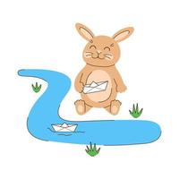 Rabbit sends a paper boat down the stream. Spring character sitting on the ground and holding a paper boat in its paw. Cute beige bunny. Seasonal vector illustration in flat style