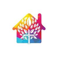 Abstract home and tree religious cross symbol icon vector design. Prayer tree and home vector logo design template.