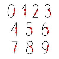 Numbers as a part of alphabet decorated with hearts black and red outline vector illustration, calligraphic abc, cute funny decorative handwriting, handwritten numerals, maths symbols