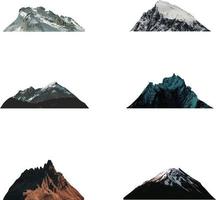 Vector set of isolated snowy mountains, mountain peak, hill top, iceberg, nature landscape. Camping landscape and hiking illustration. Outdoor travel, adventure, tourism, climbing design elements