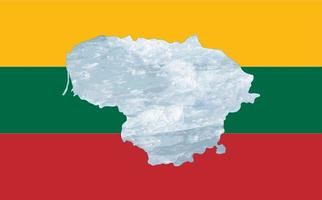 Outline map of Lithuania with the image of the national flag. Ice inside the map. Vector illustration. Energy crisis.