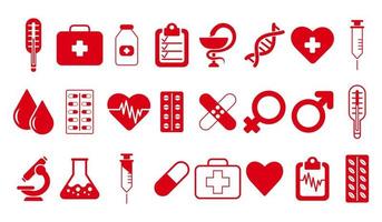 conjunto de íconos médicos rojos, microscopio, termómetro, jeringa, yeso adhesivo, adn, pastillas. concepto farmacéutico y médico. ilustración, vectorial