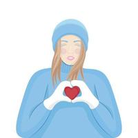 Portrait of a beautiful girl in a winter hat and mittens, which holds a heart in her hands, flat vector, isolate on white, woman winter, winter mood vector