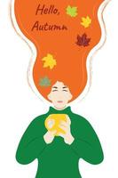 A girl with long red hair in a green sweater with a cup in her hands, the inscription Hello autumn, flat vector, isolate on white, autumn leaves, autumn colors vector