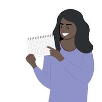 una chica de piel oscura mira el calendario y señala la fecha, vector plano, aísla en blanco, una mujer con un calendario en las manos