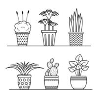 conjunto de plantas lineales vectoriales en macetas. colección de flores caseras en macetas de contorno aislado para colorear vector