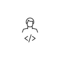 Monochrome sign drawn with black thin line. Modern vector symbol perfect for sites, apps, books, banners etc. Line icon of program code next to faceless man