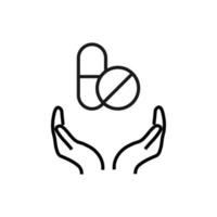 Support, present and charity concept. Modern vector sign drawn with black thin line. Editable stroke. Vector line icon of meds, drugs, pills over outstretched hands