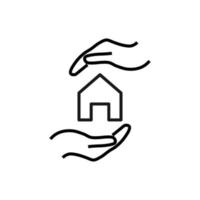 Support and gift signs. Minimalistic isolated vector image for web sites, shops, stores, adverts. Editable stroke. Vector line icon of house between outstretched hands