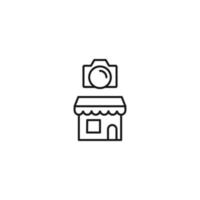 Store and shop concept. Outline sign suitable for web sites, stores, shops, internet, advertisement. Editable stroke drawn with thin line. Icon of photo camera over store vector