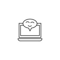 Computer, internet and communication concept. Modern monochrome sign in flat style. Suitable for web sites, stores, books etc. Line icon of happy emoji inside of speech bubble on laptop monitor vector