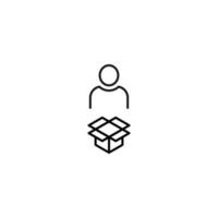 Black and white sign suitable for advertisement, web sites, stores, shops, apps. Editable stroke drawn with thin black line. Vector icon of user next to opened box