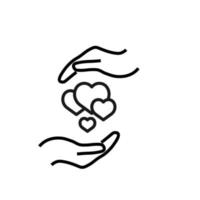 Support and gift signs. Minimalistic isolated vector image for web sites, shops, stores, adverts. Editable stroke. Vector line icon of various hearts between outstretched hands