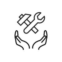 Support, present and charity concept. Modern vector sign drawn with black thin line. Editable stroke. Vector line icon of hammer and wrench over outstretched hands