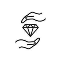 Support and gift signs. Minimalistic isolated vector image for web sites, shops, stores, adverts. Editable stroke. Vector line icon of gem, diamond or jewel between outstretched hands