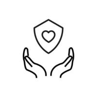 Support, present and charity concept. Modern vector sign drawn with black thin line. Editable stroke. Vector line icon of heart inside of shield or armor over outstretched hands