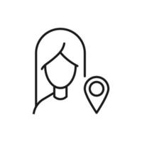 Profession, occupation, hobby of woman. Outline sign drawn with black thin line. Editable stroke. Vector monochrome line icon of geolocation mark by female