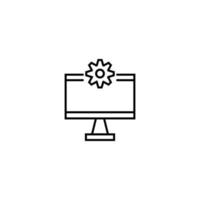 Monochrome sign drawn with black thin line. Perfect for internet resources, stores, books, shops, advertising. Vector icon of cogwheel or gear inside of computer