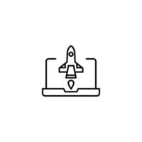 Simple black and white illustration drawn with thin line. Perfect for advertisement, internet shops, stores. Editable stroke. Vector line icon of spacecraft on laptop monitor