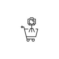 Selling, purchase, shopping concept. Vector sign suitable for web sites, stores, shops, articles, books. Editable stroke. Line icon of photo camera in shopping cart