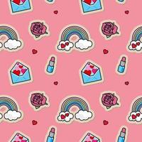 Vector seamless pattern of rainbow stickers, rose, envelope with hearts and lipstick.  Wallpaper, abstract background with labels