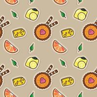Seamless pattern with food stickers. Wallpaper of cake, cheese, lemon, leaves and orange icons. Abstract background with cool labels vector