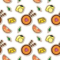 Seamless pattern with food stickers. Wallpaper of cake, cheese, lemon and orange   icons. Abstract background with cool labels