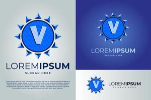 letter V and Sun with waves Logo design vector illustration template. badge logo. Sun logo design template. badge logo