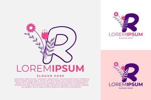 Ilustración de plantilla de vector de diseño de logotipo de letra r con flores
