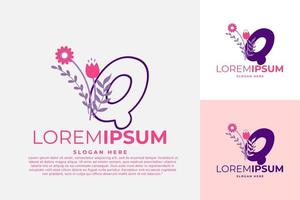 ilustración de plantilla de vector de diseño de logotipo de letra q con flores