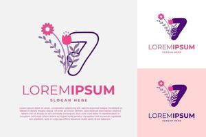 Numeric 7 logo design vector template illustration with flowers