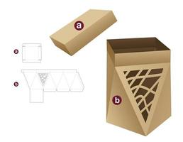 Prism box and lid with stenciled window die cut template and 3D mockup vector