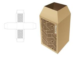 cardboard obelisk top stationery box with stenciled pattern die cut template and 3D mockup vector