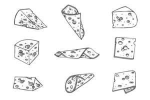 conjunto dibujado a mano de partes y rebanadas de queso. icono de queso. Imágenes Prediseñadas de vector de queso