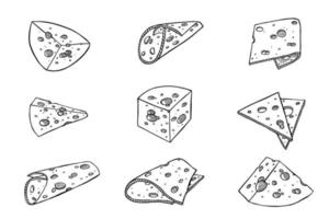 conjunto dibujado a mano de partes y rebanadas de queso. icono de queso. Imágenes Prediseñadas de vector de queso