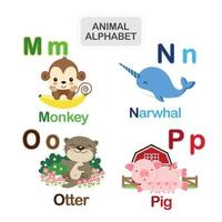 Cute animal alphabet from Letter M to P vector