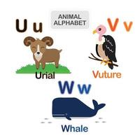 Cute animal alphabet from Letter U to W vector