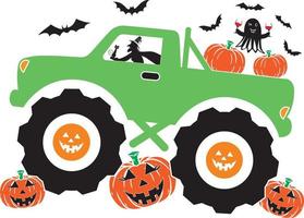 Pumpkin Monster Truck, Ghost, Witch, Bat Vector Illustration File