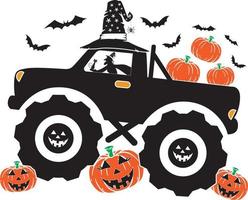 Pumpkin Monster Truck, Witch Hat Vector Illustration File