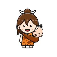 Cute primitive cave woman holding a baby cartoon icon clipart illustration vector